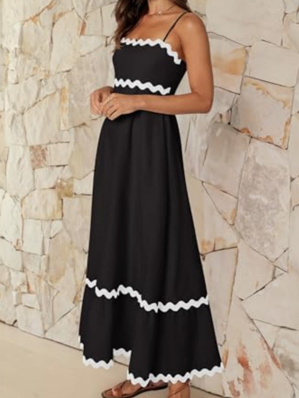 Petal & Pup Black Cotton Maxi Sun Dress with White Ric Rac Trim Spaghetti Straps - Picture 9 of 16